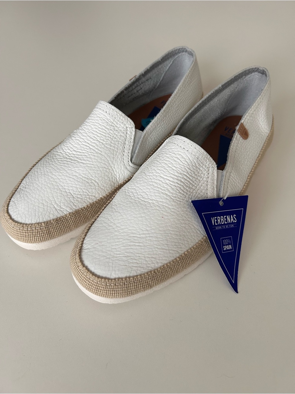 Verbenas Nuria White Leather Loafers Jute Espadrille Trim Made in Spain Size 38